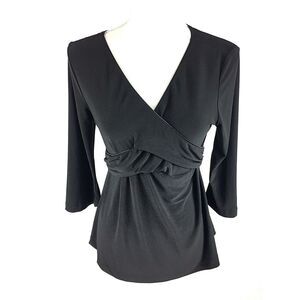 JW Japanese Weekend Womens Tie Waist Blouse S Small‎ Black Stretch V-Neck Euc